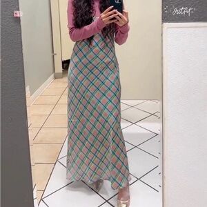 ASOS Pastel Plaid Maxi Slip Skirt in Pink and Teal
